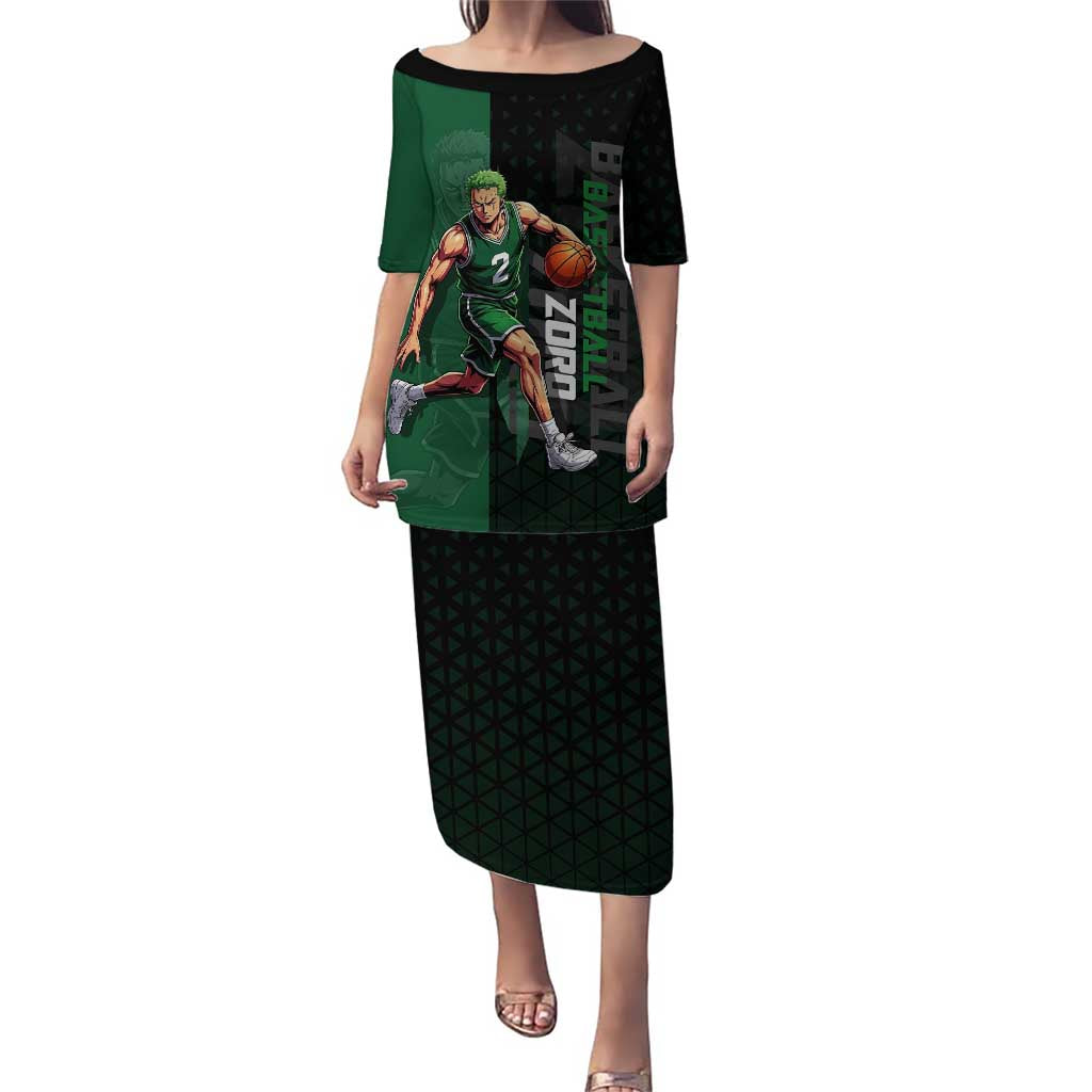 Zoro One Piece Basketball Theme Green and Black Design Puletasi with Swordsman Logo and Action Dribble Pose - The Mazicc