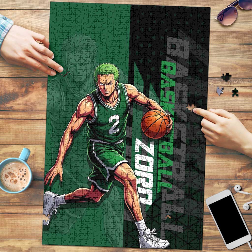 Zoro One Piece Basketball Theme Green and Black Design Puzzle with Swordsman Logo and Action Dribble Pose - The Mazicc