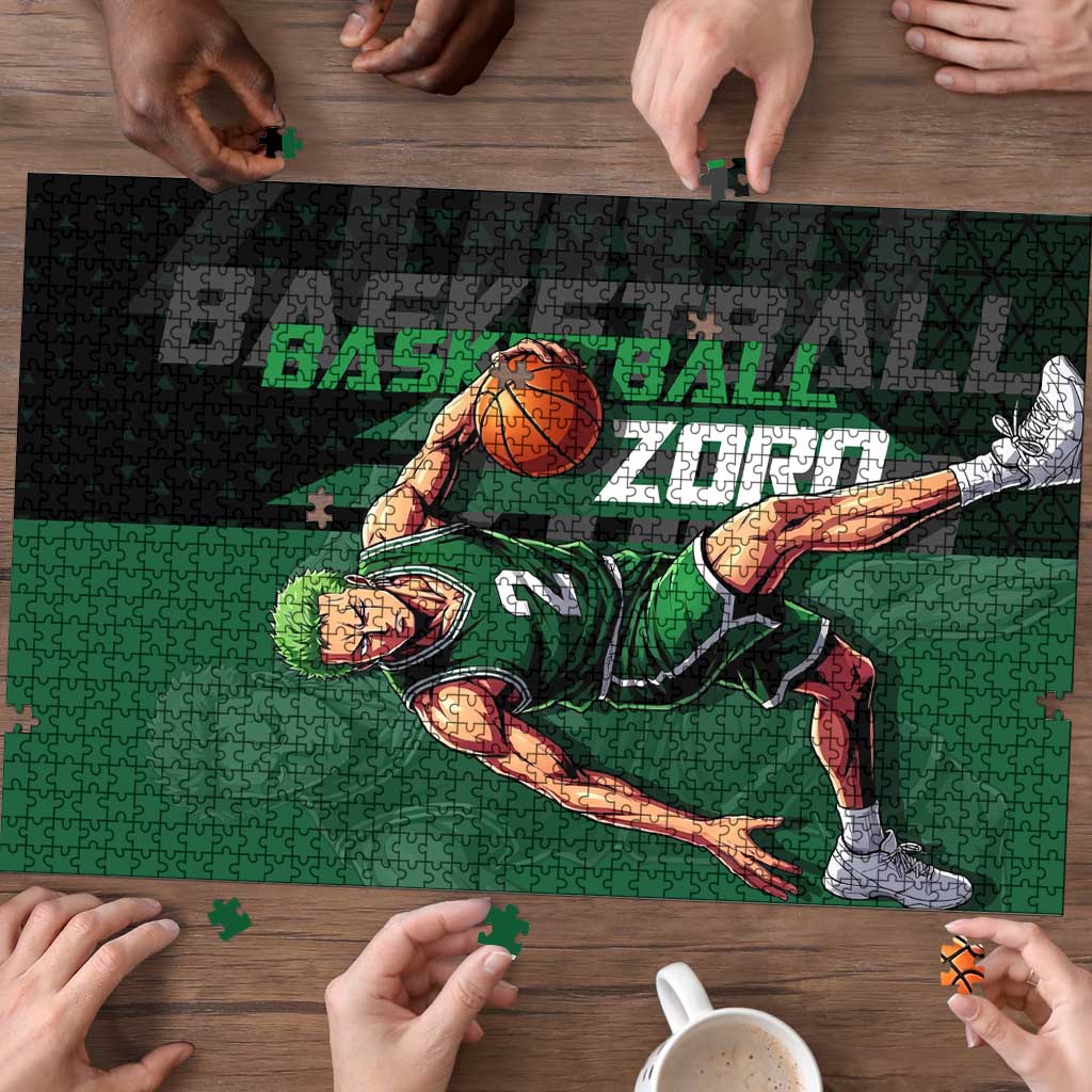 Zoro One Piece Basketball Theme Green and Black Design Puzzle with Swordsman Logo and Action Dribble Pose - The Mazicc