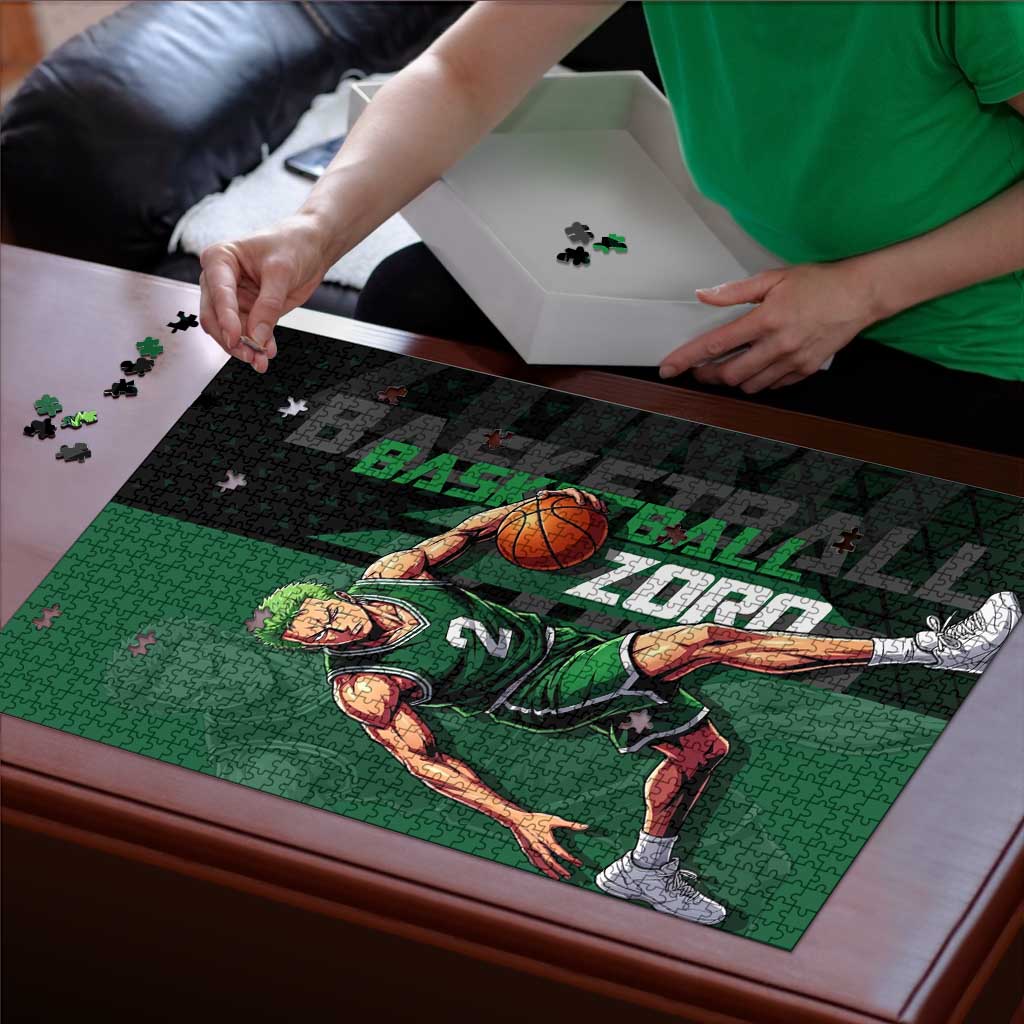 Zoro One Piece Basketball Theme Green and Black Design Puzzle with Swordsman Logo and Action Dribble Pose - The Mazicc