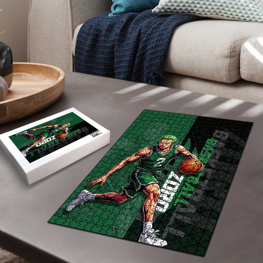Zoro One Piece Basketball Theme Green and Black Design Puzzle with Swordsman Logo and Action Dribble Pose - The Mazicc