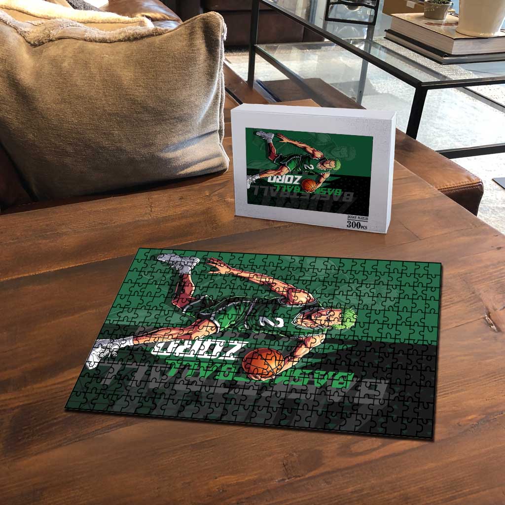 Zoro One Piece Basketball Theme Green and Black Design Puzzle with Swordsman Logo and Action Dribble Pose - The Mazicc