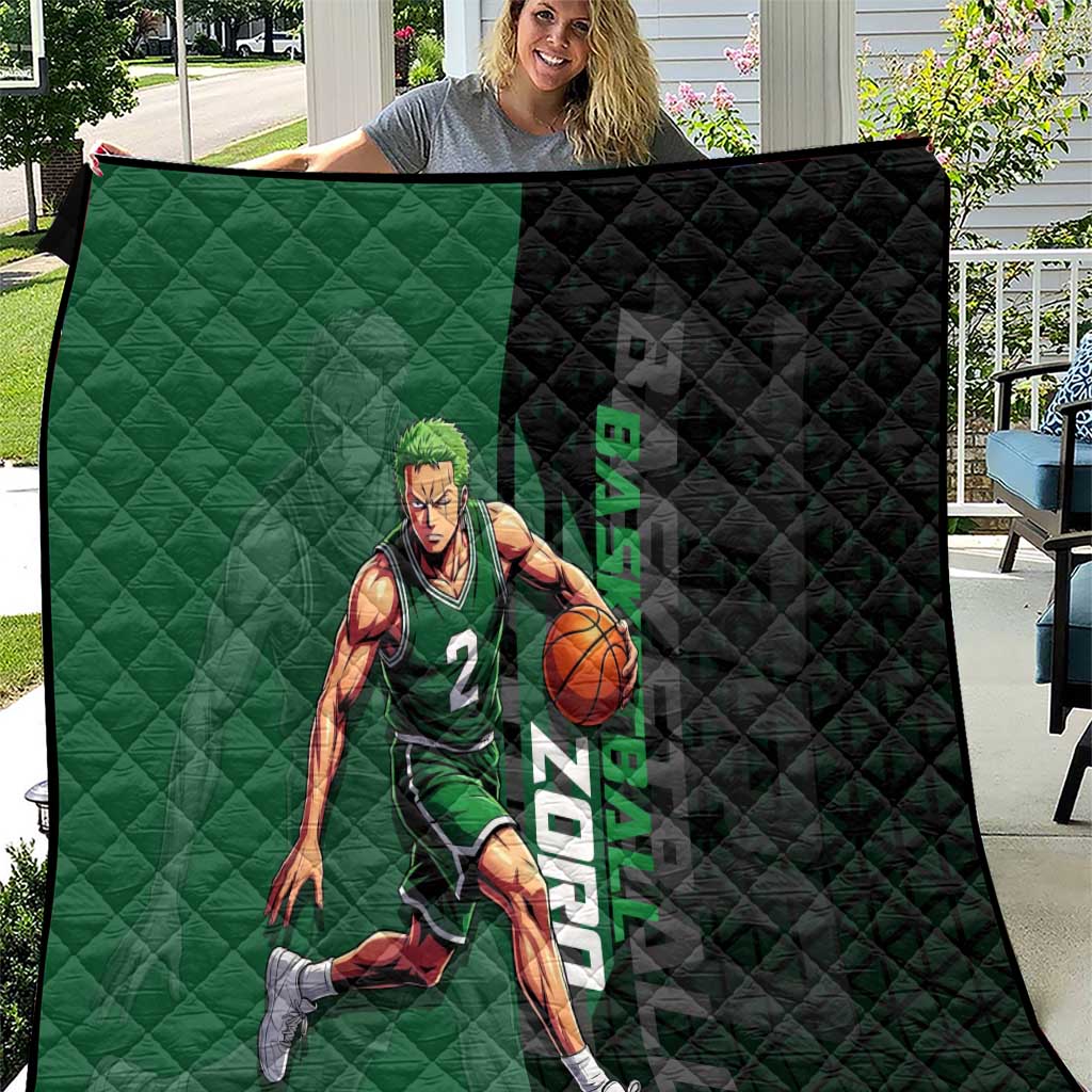 Zoro One Piece Basketball Theme Green and Black Design Quilt with Swordsman Logo and Action Dribble Pose - The Mazicc