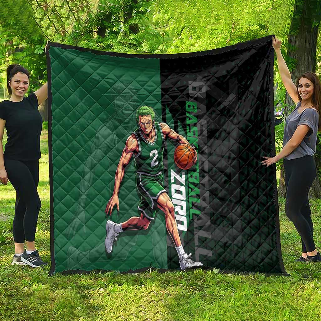 Zoro One Piece Basketball Theme Green and Black Design Quilt with Swordsman Logo and Action Dribble Pose - The Mazicc