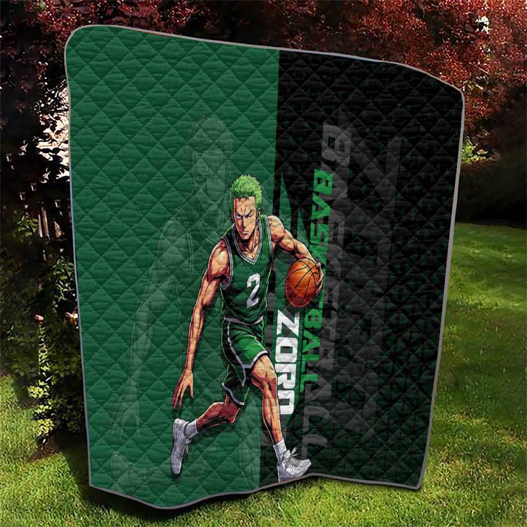 Zoro One Piece Basketball Theme Green and Black Design Quilt with Swordsman Logo and Action Dribble Pose - The Mazicc