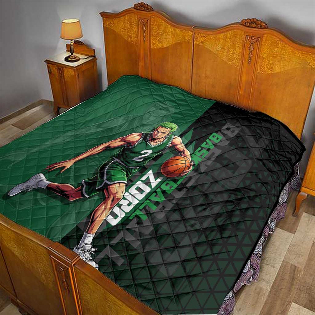 Zoro One Piece Basketball Theme Green and Black Design Quilt with Swordsman Logo and Action Dribble Pose - The Mazicc