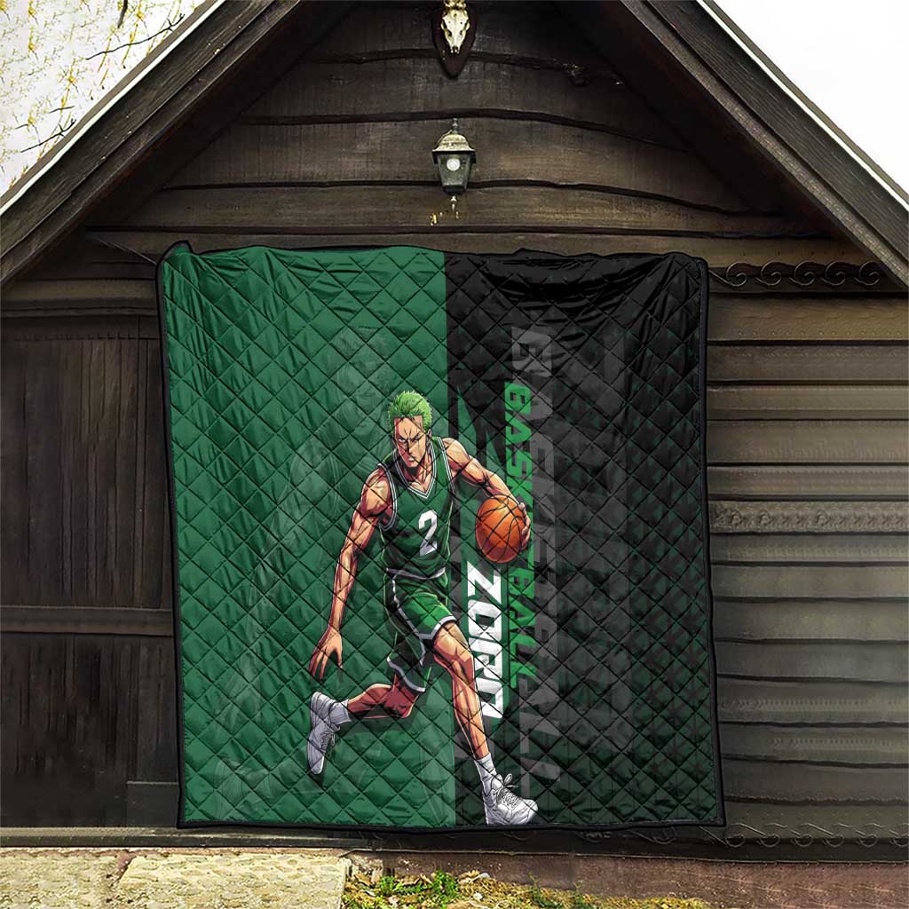 Zoro One Piece Basketball Theme Green and Black Design Quilt with Swordsman Logo and Action Dribble Pose - The Mazicc