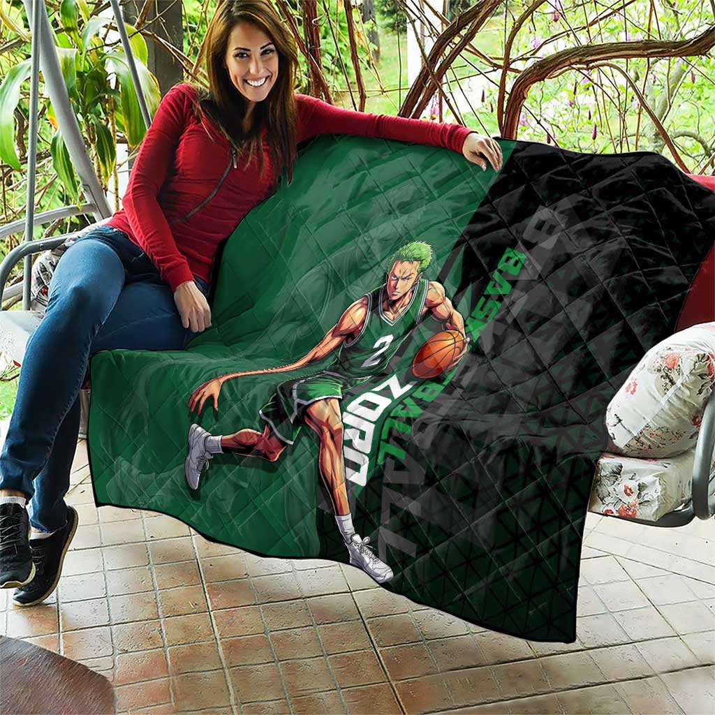 Zoro One Piece Basketball Theme Green and Black Design Quilt with Swordsman Logo and Action Dribble Pose - The Mazicc