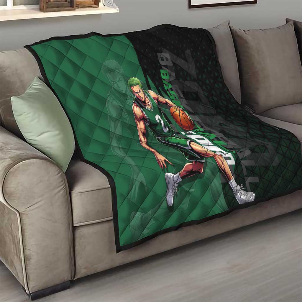 Zoro One Piece Basketball Theme Green and Black Design Quilt with Swordsman Logo and Action Dribble Pose - The Mazicc