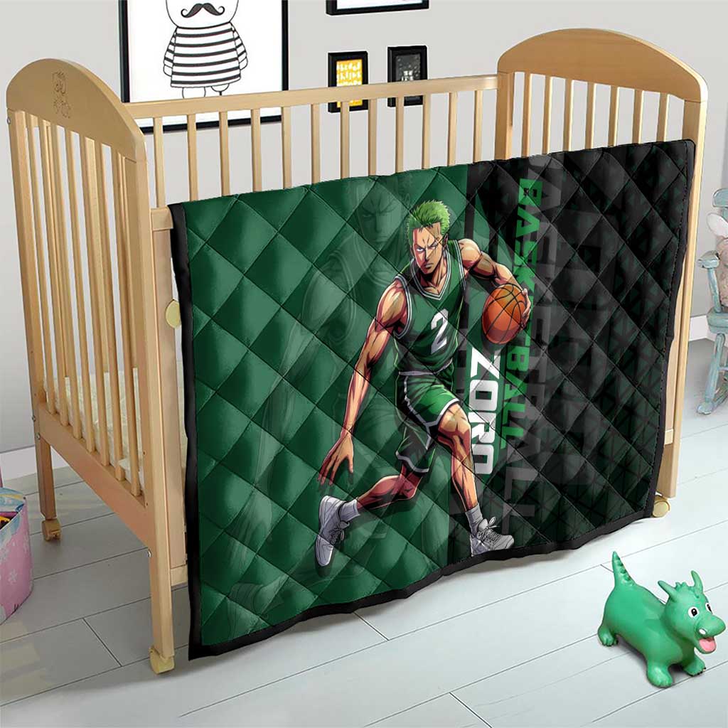 Zoro One Piece Basketball Theme Green and Black Design Quilt with Swordsman Logo and Action Dribble Pose - The Mazicc