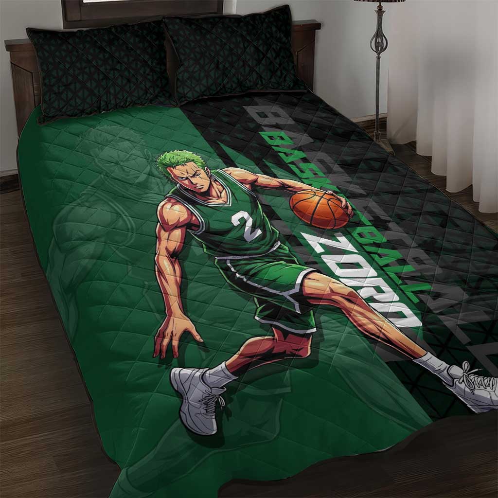 Zoro One Piece Basketball Theme Green and Black Design Quilt Bed Set with Swordsman Logo and Action Dribble Pose - The Mazicc