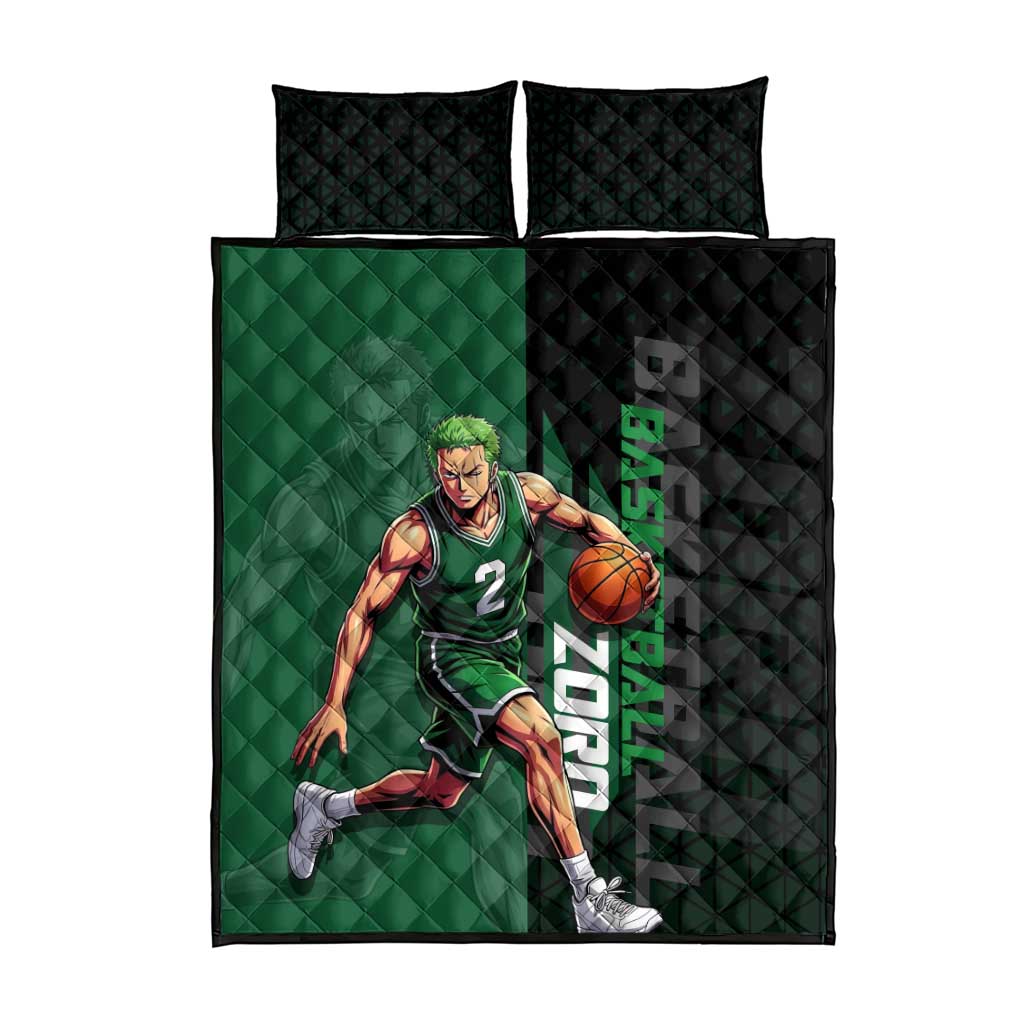 Zoro One Piece Basketball Theme Green and Black Design Quilt Bed Set with Swordsman Logo and Action Dribble Pose - The Mazicc