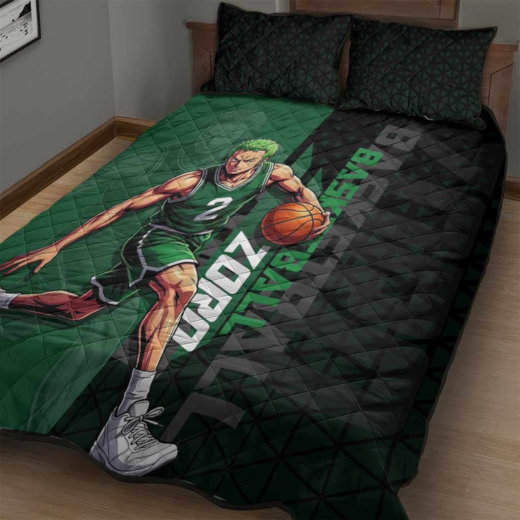 Zoro One Piece Basketball Theme Green and Black Design Quilt Bed Set with Swordsman Logo and Action Dribble Pose - The Mazicc