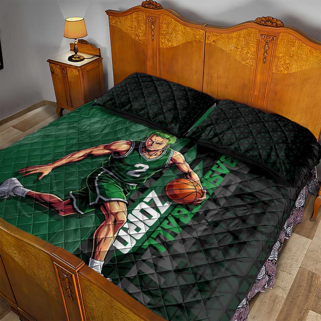 Zoro One Piece Basketball Theme Green and Black Design Quilt Bed Set with Swordsman Logo and Action Dribble Pose - The Mazicc