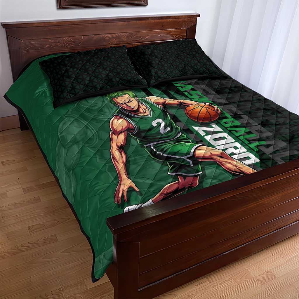 Zoro One Piece Basketball Theme Green and Black Design Quilt Bed Set with Swordsman Logo and Action Dribble Pose - The Mazicc