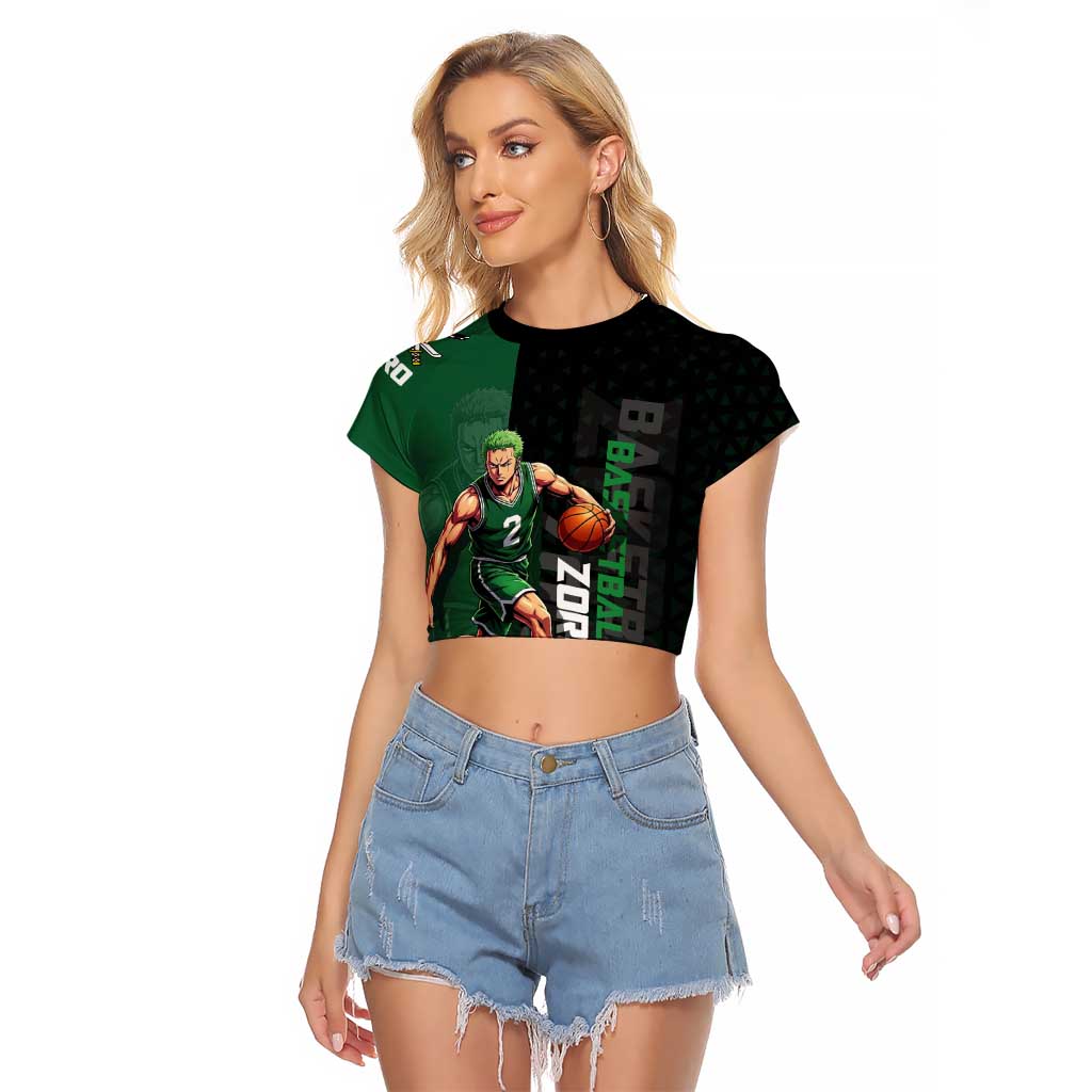 Zoro One Piece Basketball Theme Green and Black Design Raglan Cropped T Shirt with Swordsman Logo and Action Dribble Pose - The Mazicc