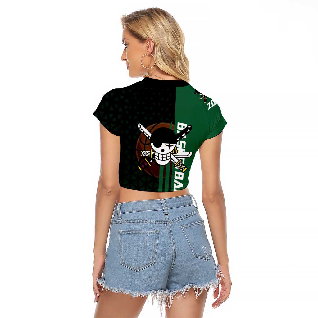 Zoro One Piece Basketball Theme Green and Black Design Raglan Cropped T Shirt with Swordsman Logo and Action Dribble Pose - The Mazicc