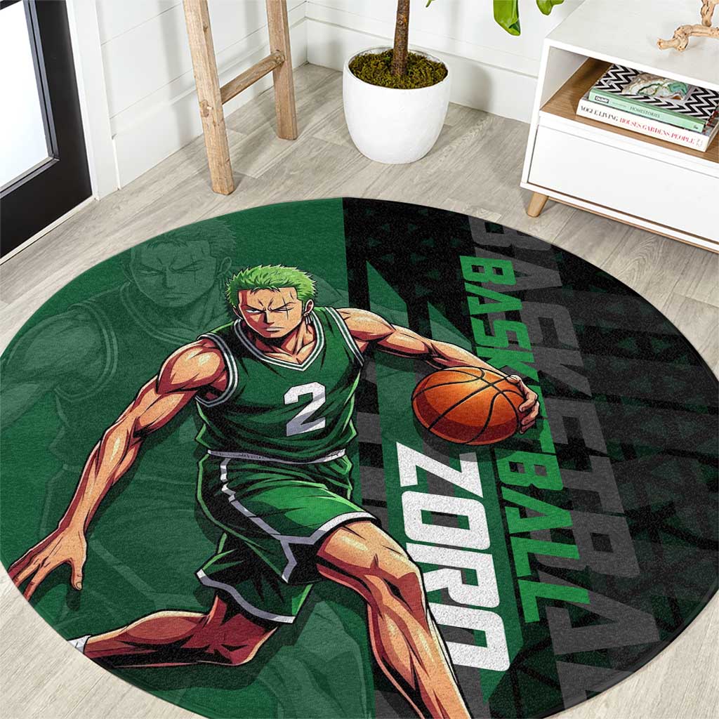 Zoro One Piece Basketball Theme Green and Black Design Round Carpet with Swordsman Logo and Action Dribble Pose - The Mazicc