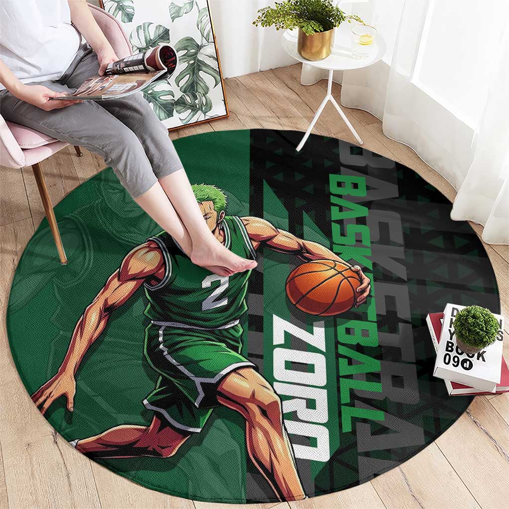 Zoro One Piece Basketball Theme Green and Black Design Round Carpet with Swordsman Logo and Action Dribble Pose - The Mazicc