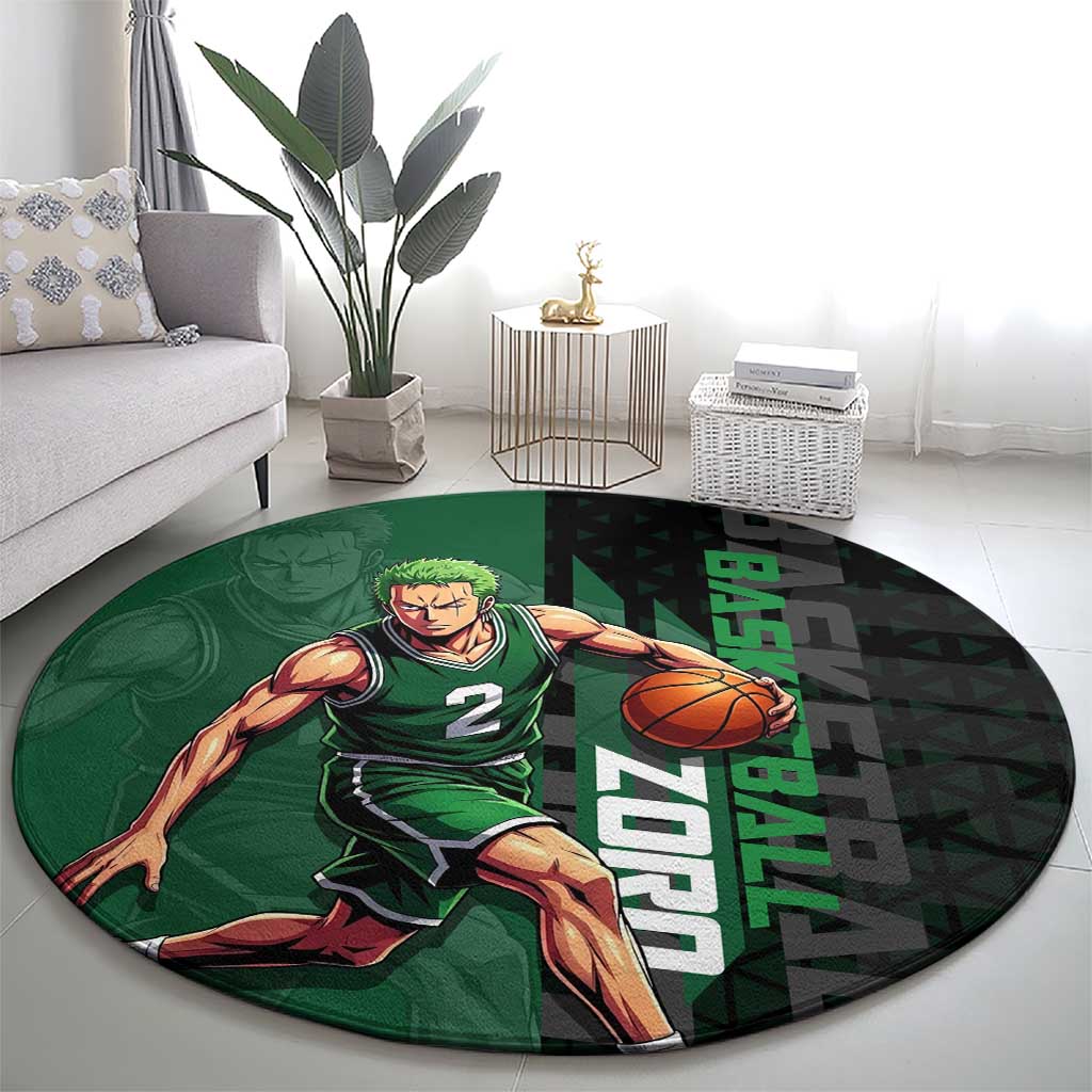 Zoro One Piece Basketball Theme Green and Black Design Round Carpet with Swordsman Logo and Action Dribble Pose - The Mazicc