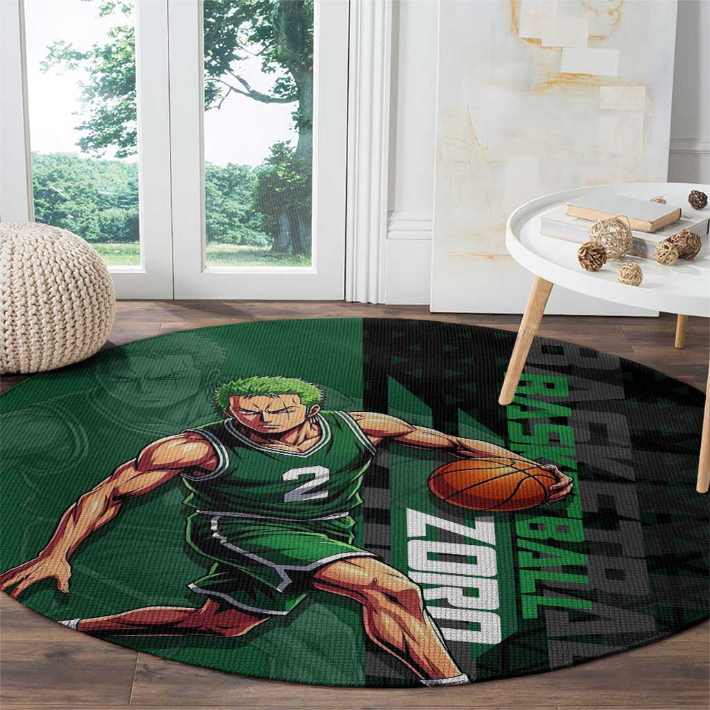Zoro One Piece Basketball Theme Green and Black Design Round Carpet with Swordsman Logo and Action Dribble Pose - The Mazicc