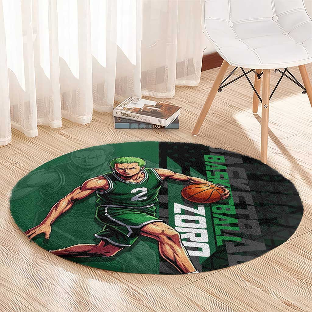 Zoro One Piece Basketball Theme Green and Black Design Round Carpet with Swordsman Logo and Action Dribble Pose - The Mazicc