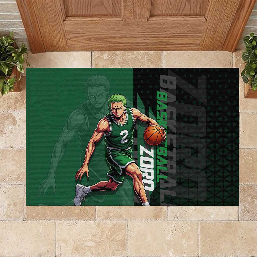 Zoro One Piece Basketball Theme Green and Black Design Rubber Doormat with Swordsman Logo and Action Dribble Pose - The Mazicc