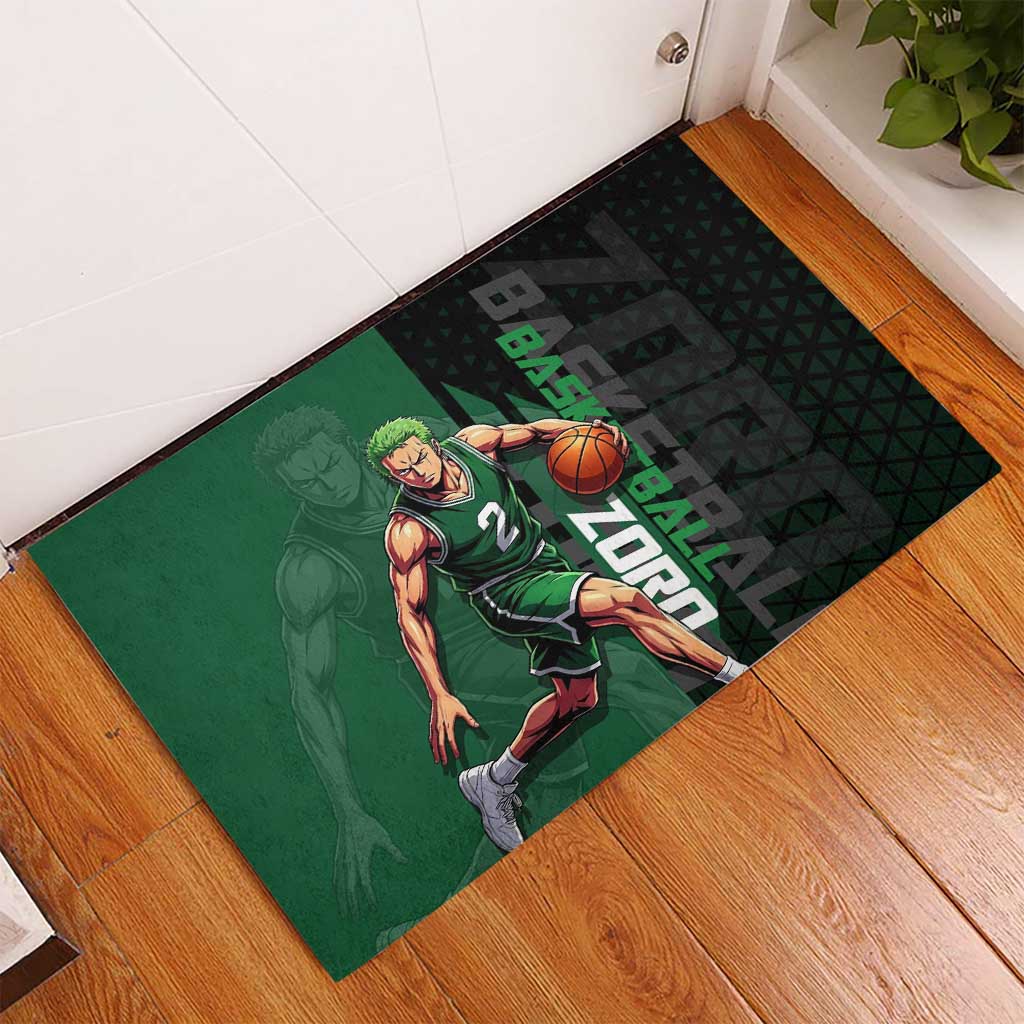 Zoro One Piece Basketball Theme Green and Black Design Rubber Doormat with Swordsman Logo and Action Dribble Pose - The Mazicc