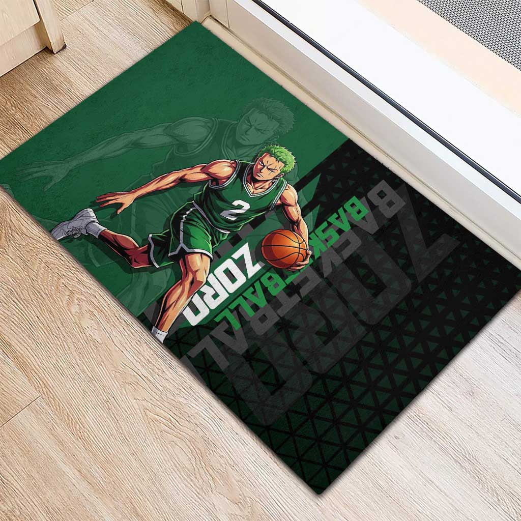 Zoro One Piece Basketball Theme Green and Black Design Rubber Doormat with Swordsman Logo and Action Dribble Pose - The Mazicc