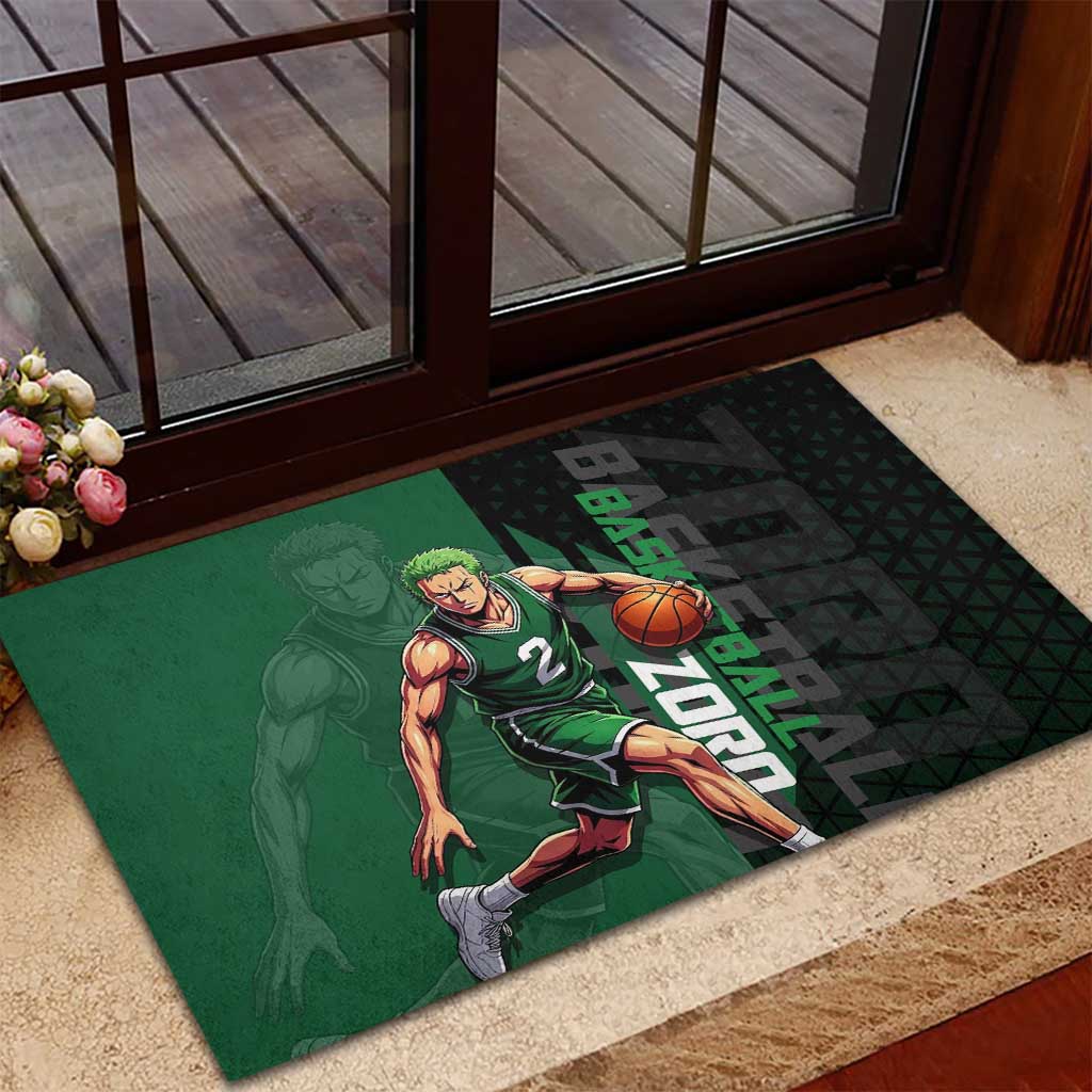 Zoro One Piece Basketball Theme Green and Black Design Rubber Doormat with Swordsman Logo and Action Dribble Pose - The Mazicc