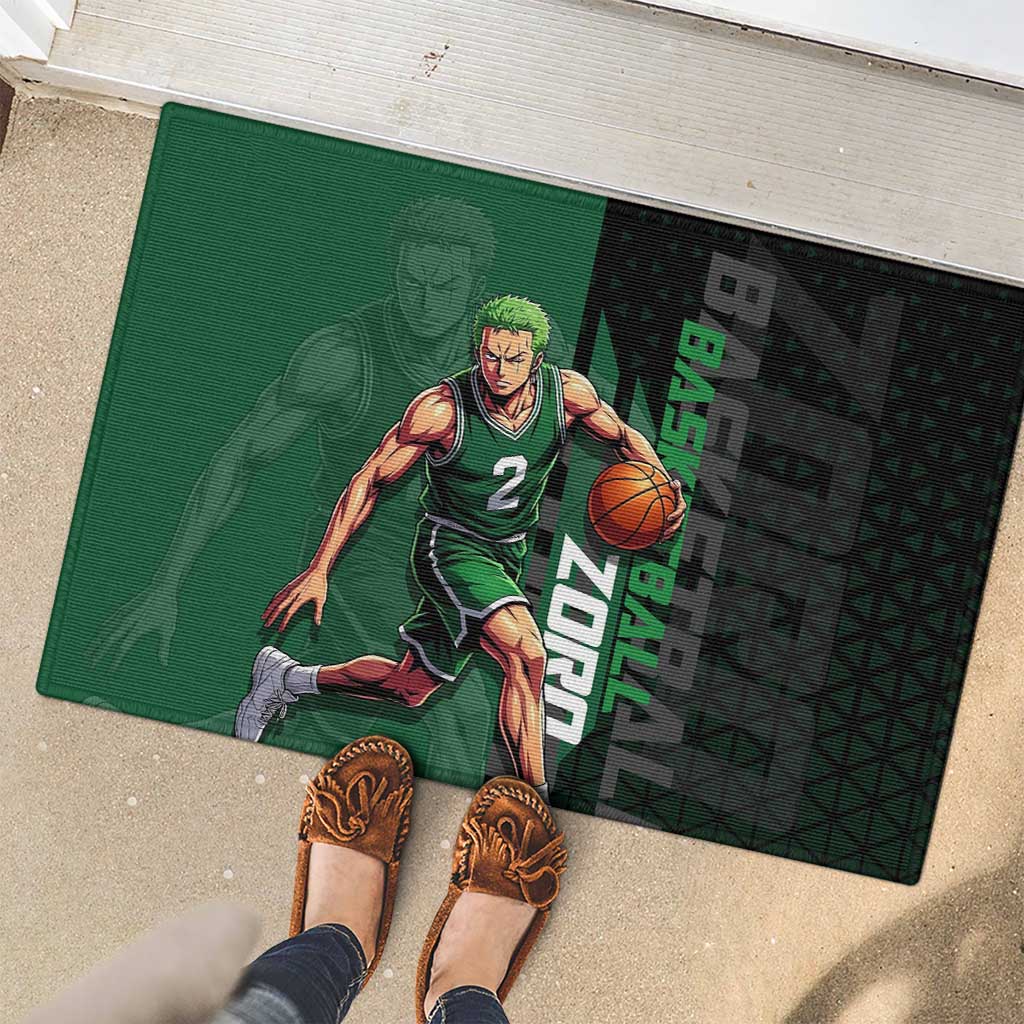 Zoro One Piece Basketball Theme Green and Black Design Rubber Doormat with Swordsman Logo and Action Dribble Pose - The Mazicc