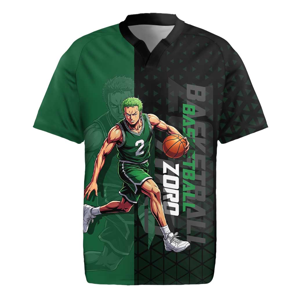 Zoro One Piece Basketball Theme Green and Black Design Rugby Jersey with Swordsman Logo and Action Dribble Pose - The Mazicc