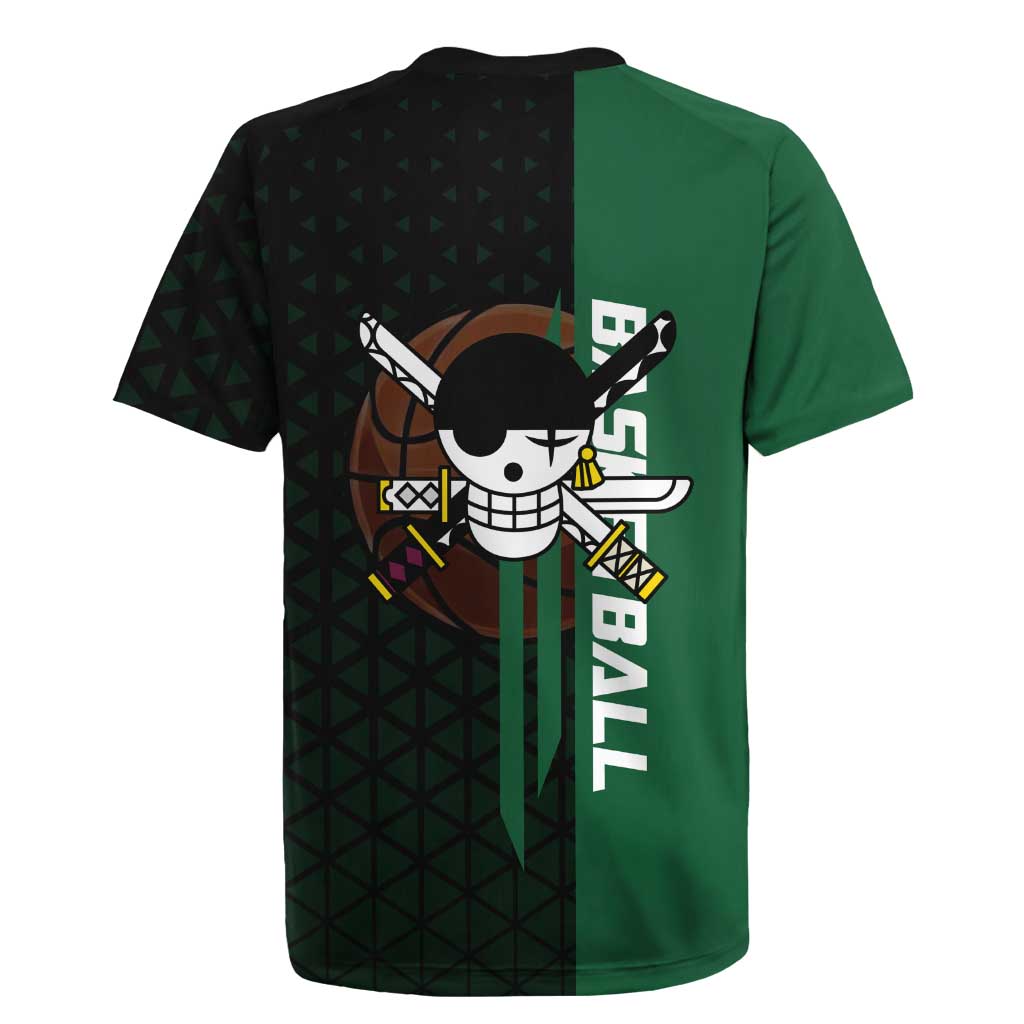 Zoro One Piece Basketball Theme Green and Black Design Rugby Jersey with Swordsman Logo and Action Dribble Pose - The Mazicc