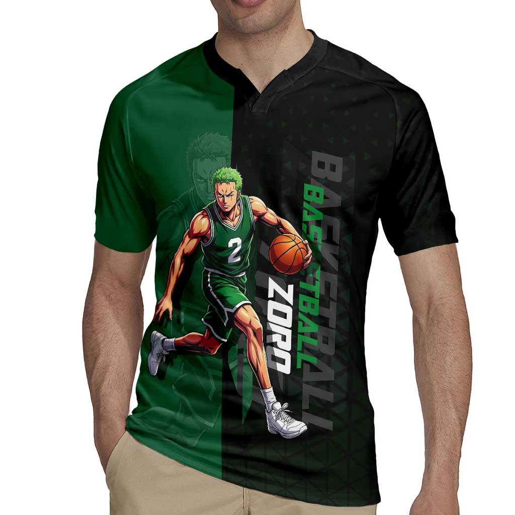 Zoro One Piece Basketball Theme Green and Black Design Rugby Jersey with Swordsman Logo and Action Dribble Pose - The Mazicc