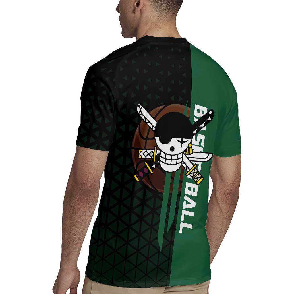 Zoro One Piece Basketball Theme Green and Black Design Rugby Jersey with Swordsman Logo and Action Dribble Pose - The Mazicc