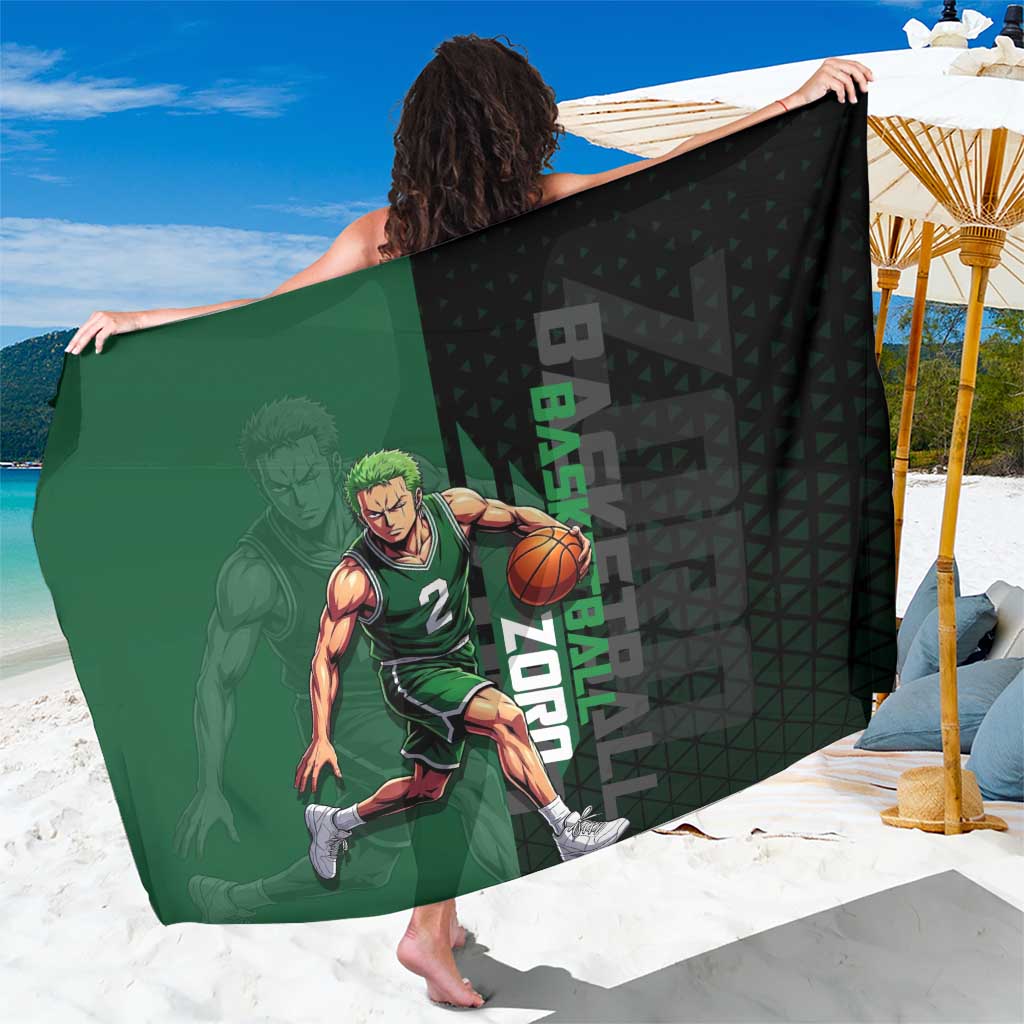 Zoro One Piece Basketball Theme Green and Black Design Sarong with Swordsman Logo and Action Dribble Pose - The Mazicc