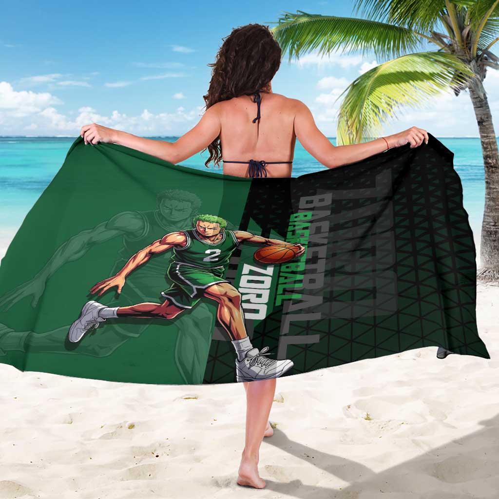 Zoro One Piece Basketball Theme Green and Black Design Sarong with Swordsman Logo and Action Dribble Pose - The Mazicc
