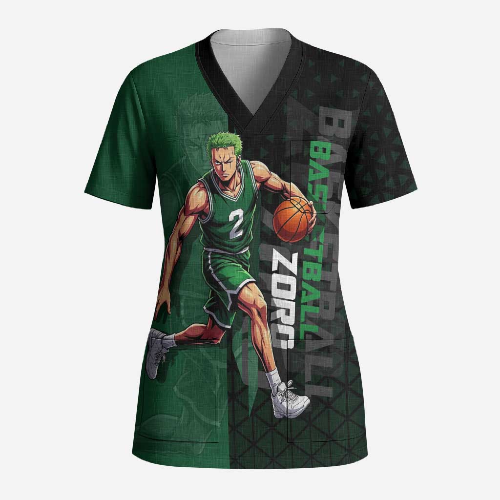 Zoro One Piece Basketball Theme Green and Black Design Scrub Top with Swordsman Logo and Action Dribble Pose - The Mazicc