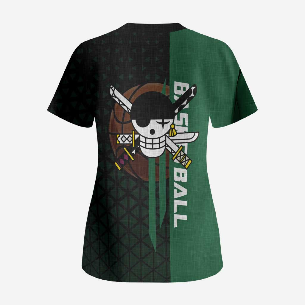 Zoro One Piece Basketball Theme Green and Black Design Scrub Top with Swordsman Logo and Action Dribble Pose - The Mazicc