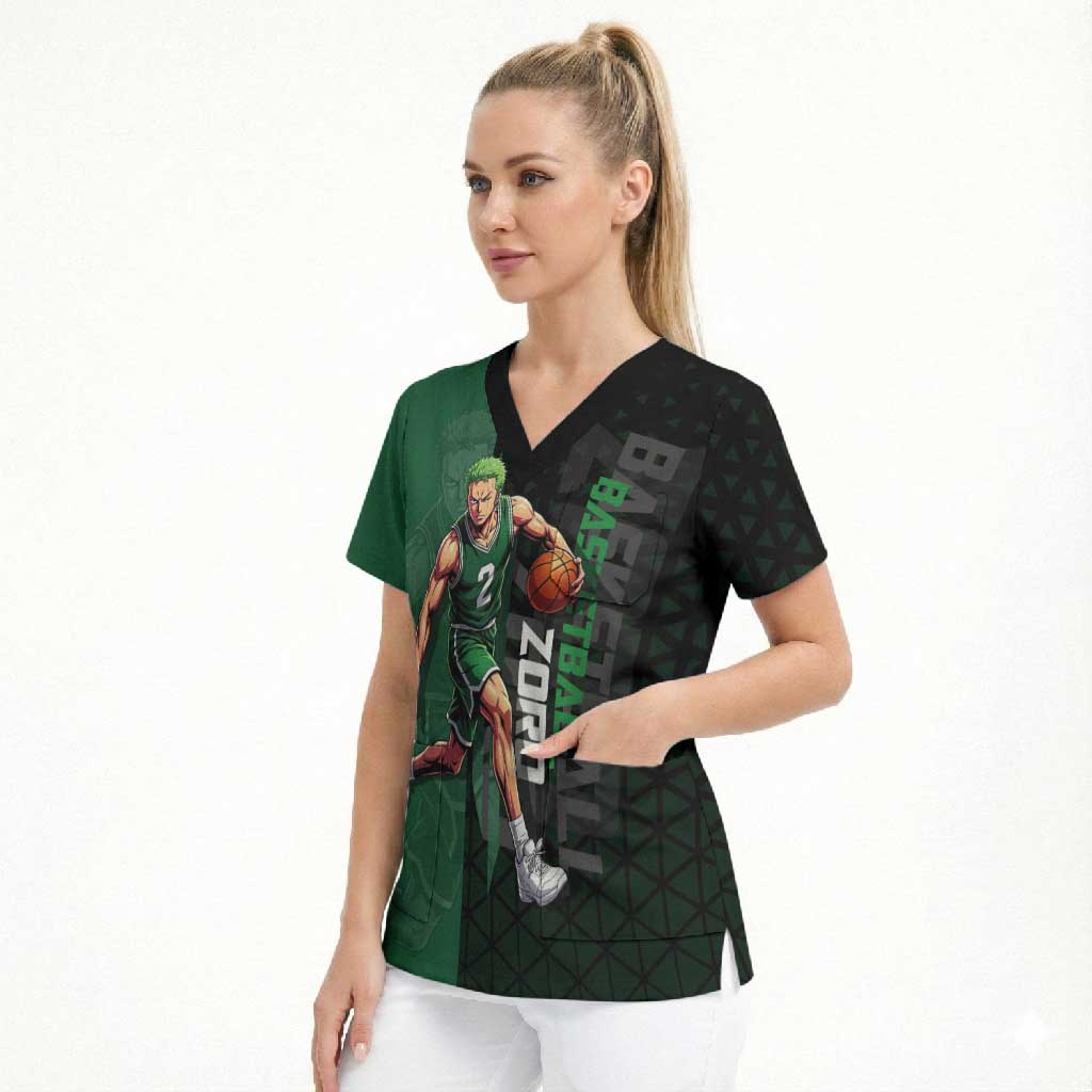 Zoro One Piece Basketball Theme Green and Black Design Scrub Top with Swordsman Logo and Action Dribble Pose - The Mazicc