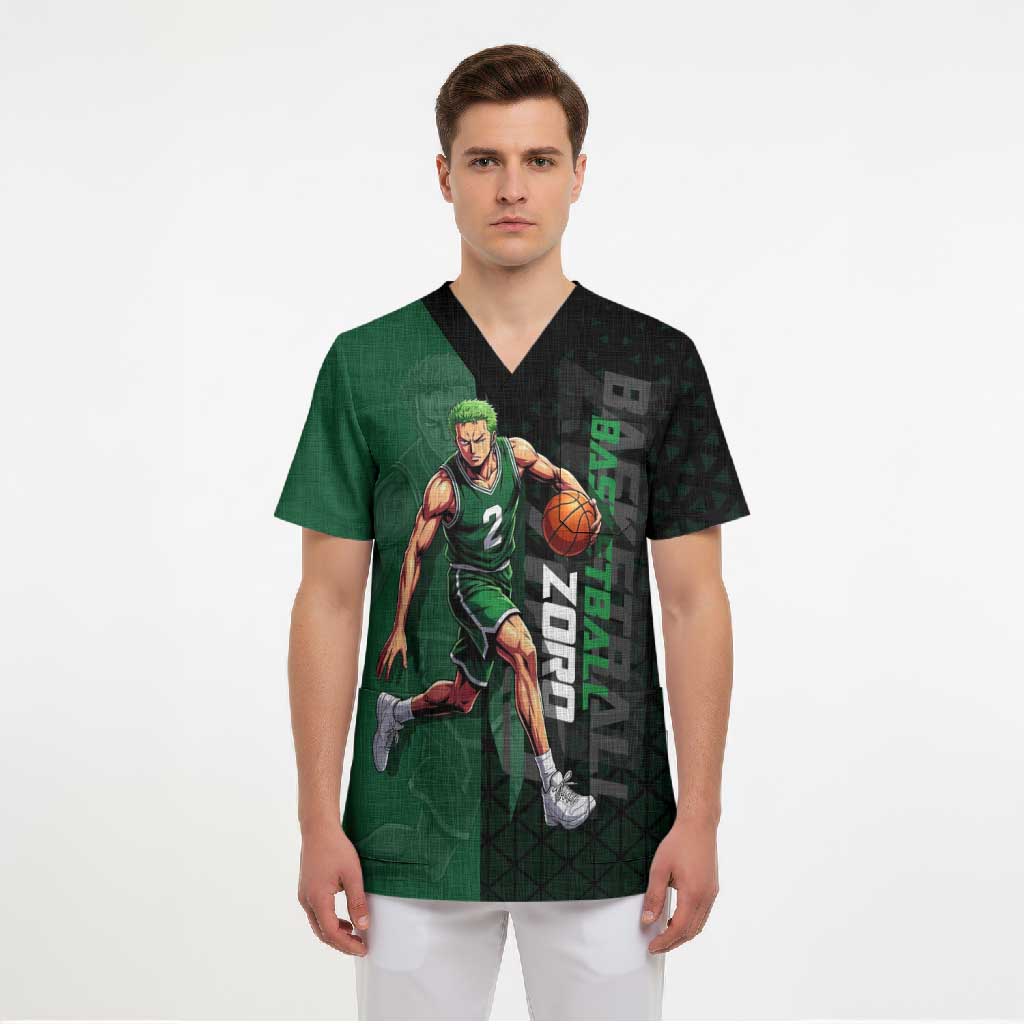 Zoro One Piece Basketball Theme Green and Black Design Scrub Top with Swordsman Logo and Action Dribble Pose - The Mazicc