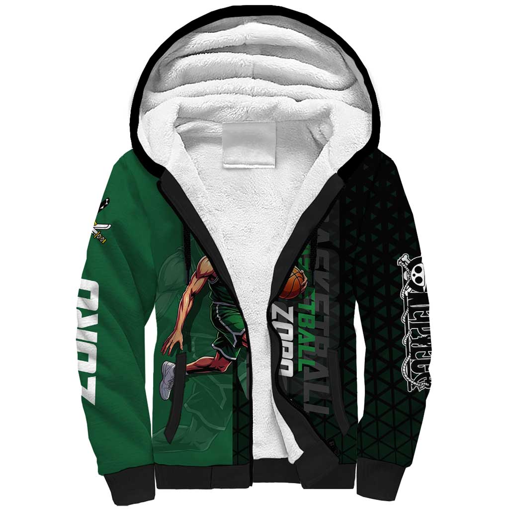 Zoro One Piece Basketball Theme Green and Black Design Sherpa Hoodie with Swordsman Logo and Action Dribble Pose - The Mazicc