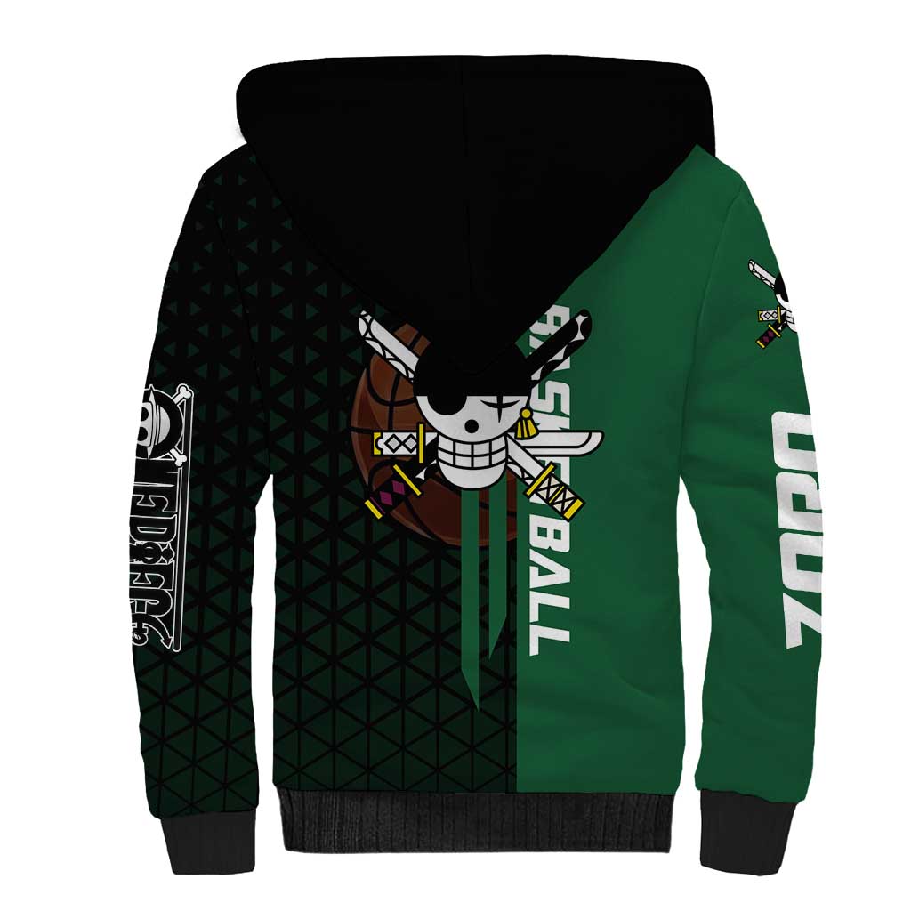 Zoro One Piece Basketball Theme Green and Black Design Sherpa Hoodie with Swordsman Logo and Action Dribble Pose - The Mazicc