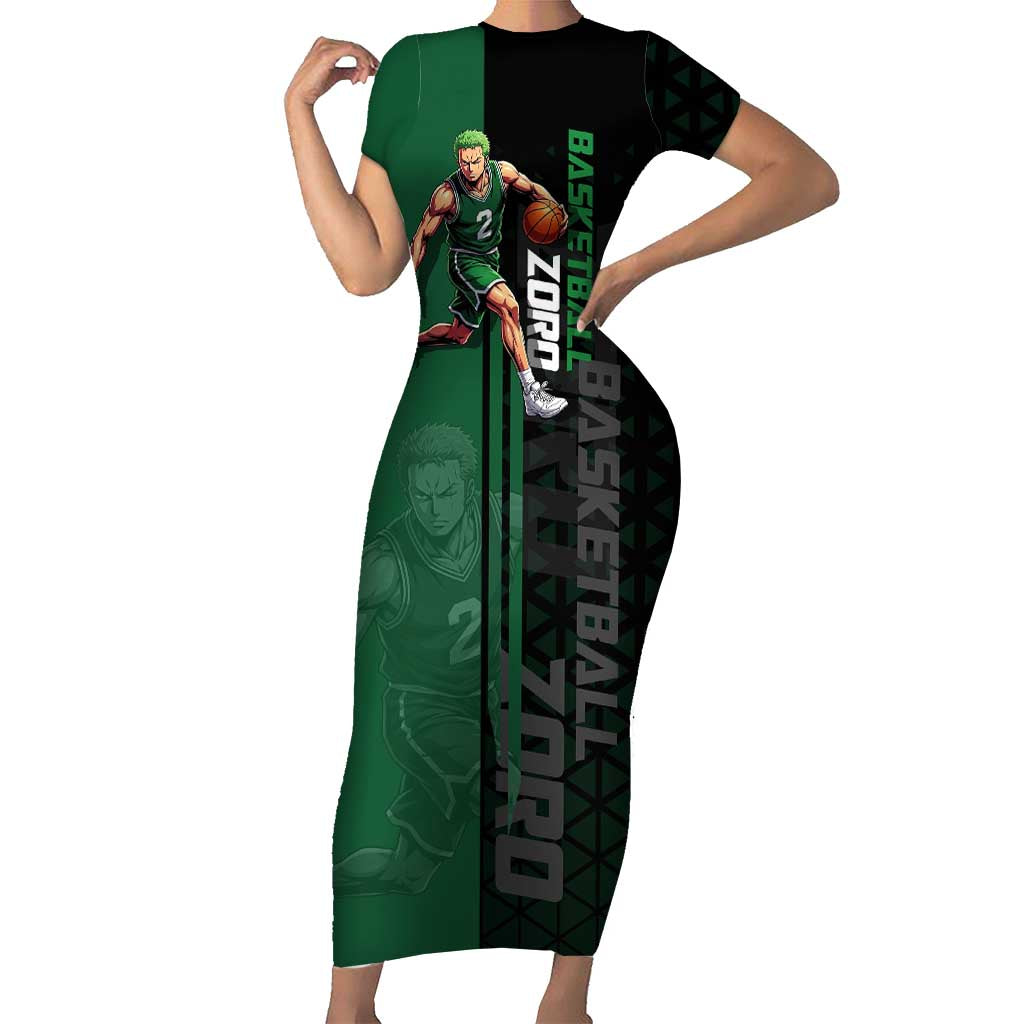 Zoro One Piece Basketball Theme Green and Black Design Short Sleeve Bodycon Dress with Swordsman Logo and Action Dribble Pose - The Mazicc
