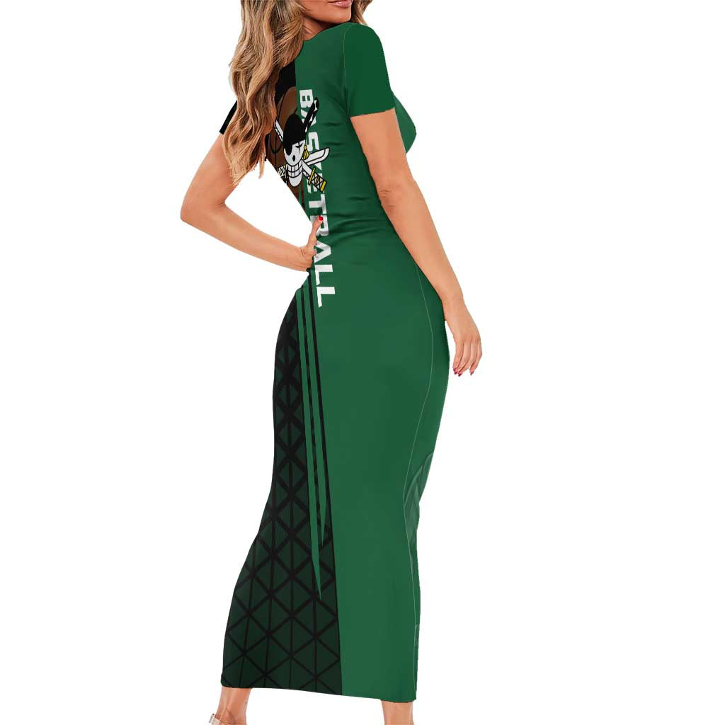 Zoro One Piece Basketball Theme Green and Black Design Short Sleeve Bodycon Dress with Swordsman Logo and Action Dribble Pose - The Mazicc