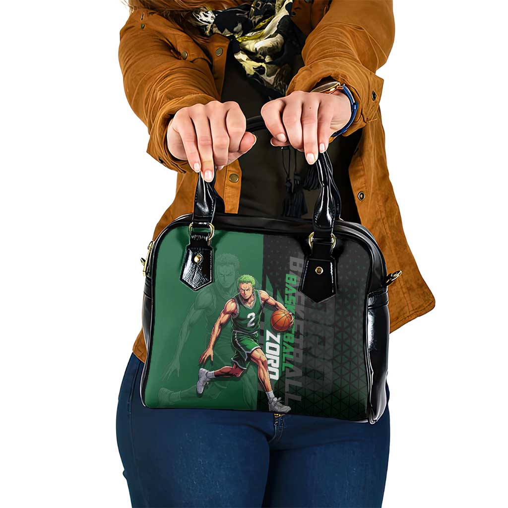Zoro One Piece Basketball Theme Green and Black Design Shoulder Handbag with Swordsman Logo and Action Dribble Pose - The Mazicc