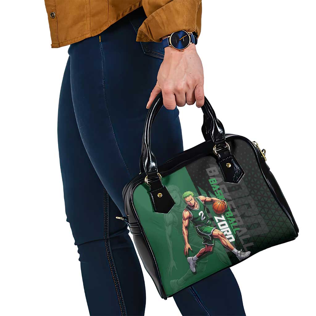 Zoro One Piece Basketball Theme Green and Black Design Shoulder Handbag with Swordsman Logo and Action Dribble Pose - The Mazicc
