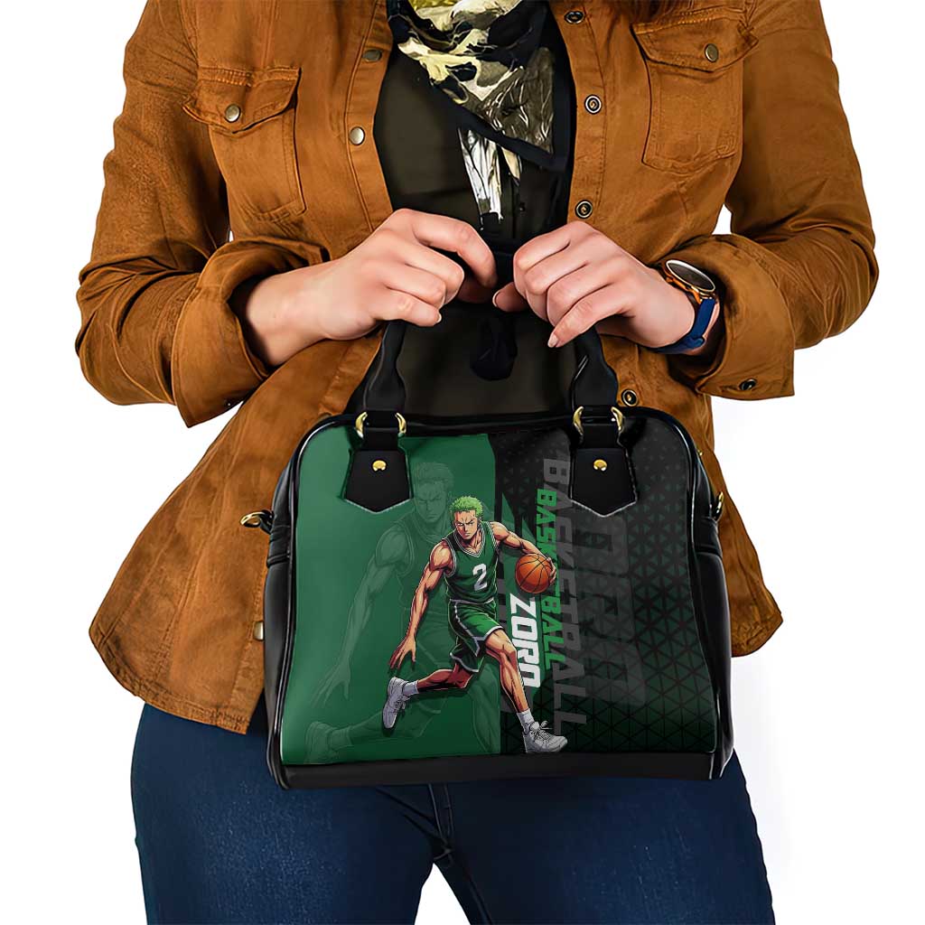 Zoro One Piece Basketball Theme Green and Black Design Shoulder Handbag with Swordsman Logo and Action Dribble Pose - The Mazicc