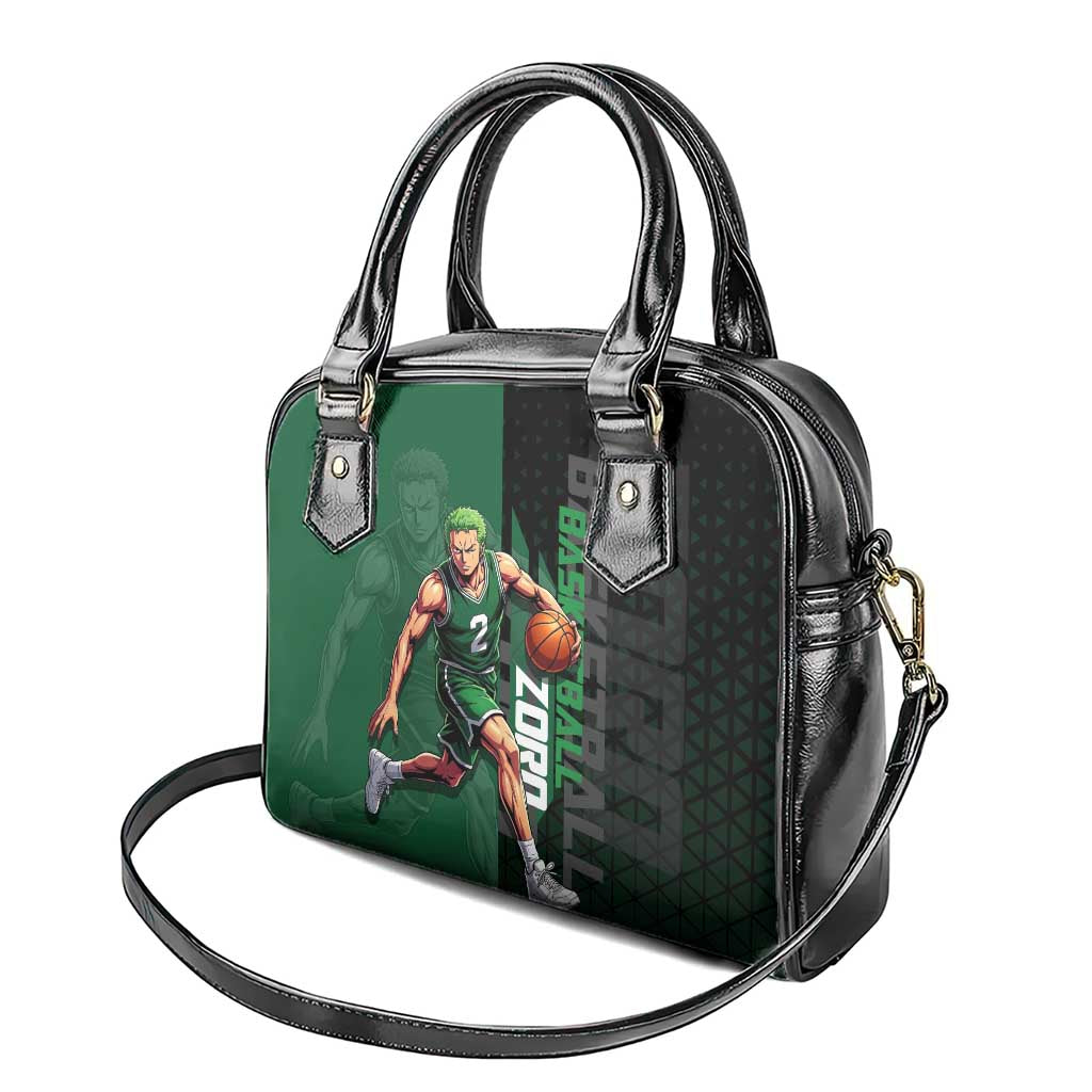 Zoro One Piece Basketball Theme Green and Black Design Shoulder Handbag with Swordsman Logo and Action Dribble Pose - The Mazicc