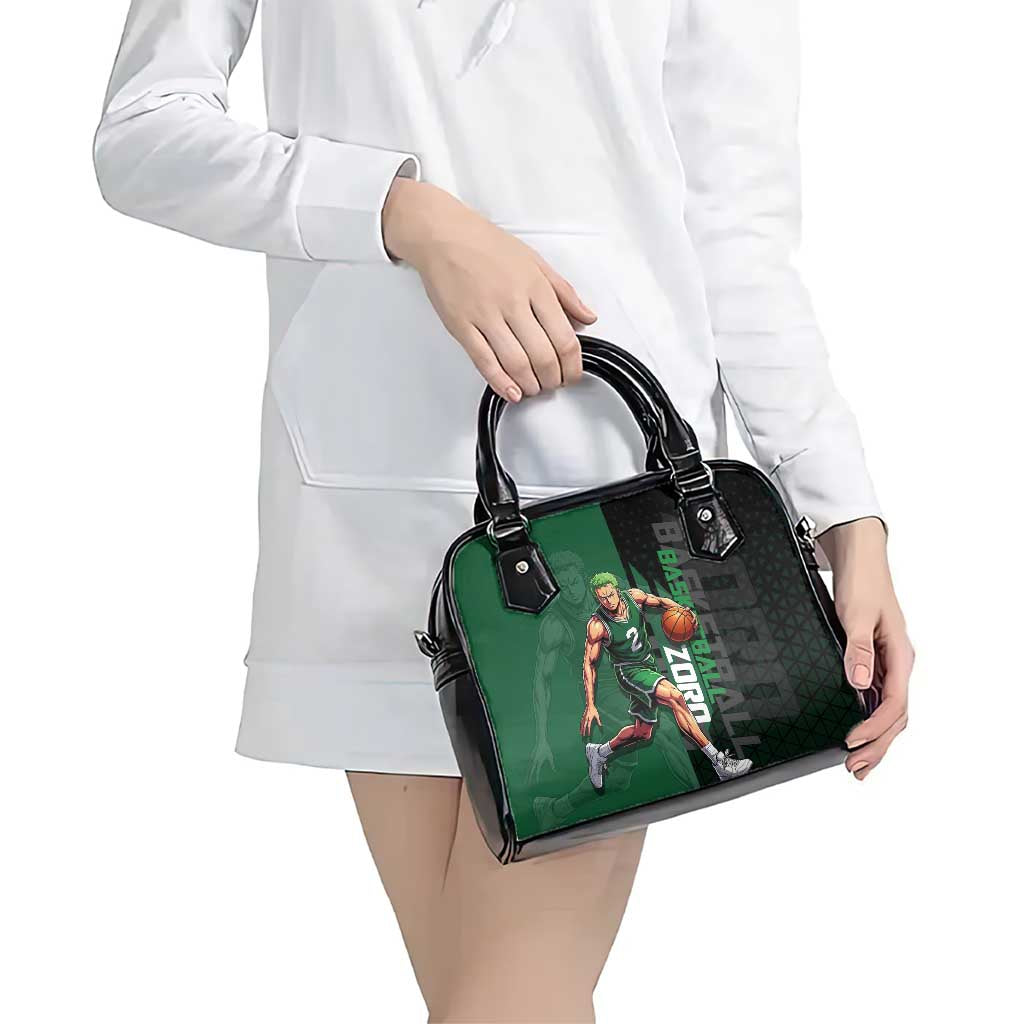 Zoro One Piece Basketball Theme Green and Black Design Shoulder Handbag with Swordsman Logo and Action Dribble Pose - The Mazicc
